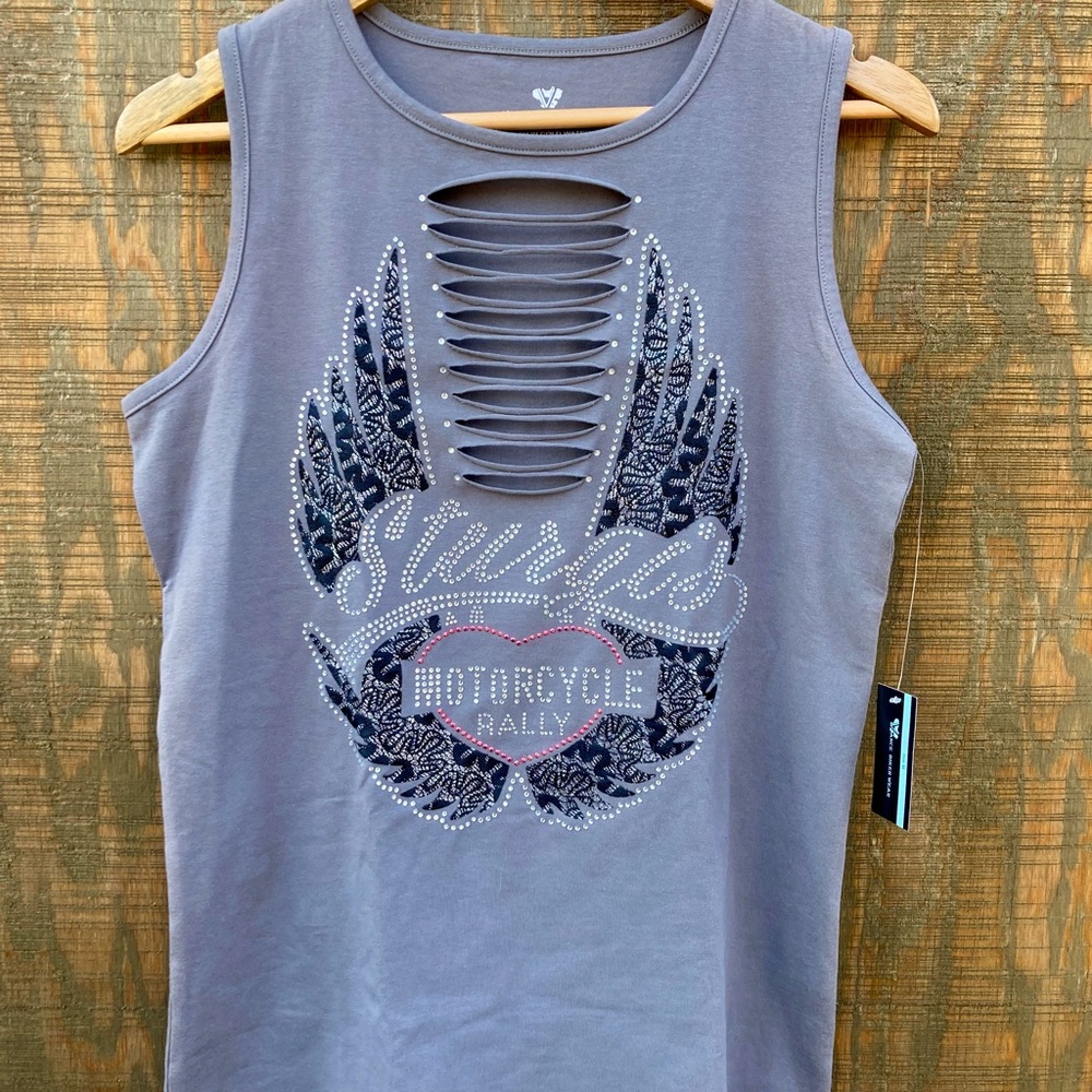 Gray Sleeveless Sturgis Top with Wing Design